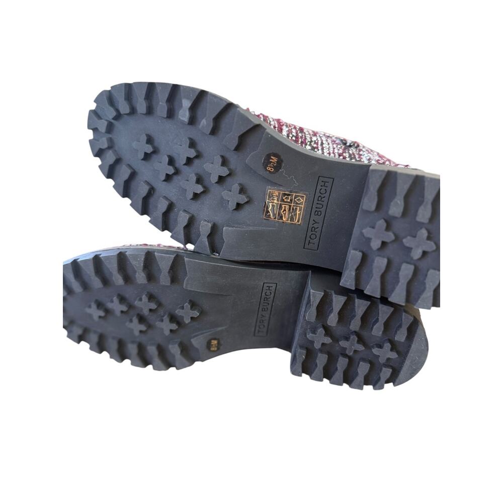 <<Tory Burch Miller Combat Lug Sole Tweed/Leather Booties Burgundy/White -8.5M - Picture 8 of 8